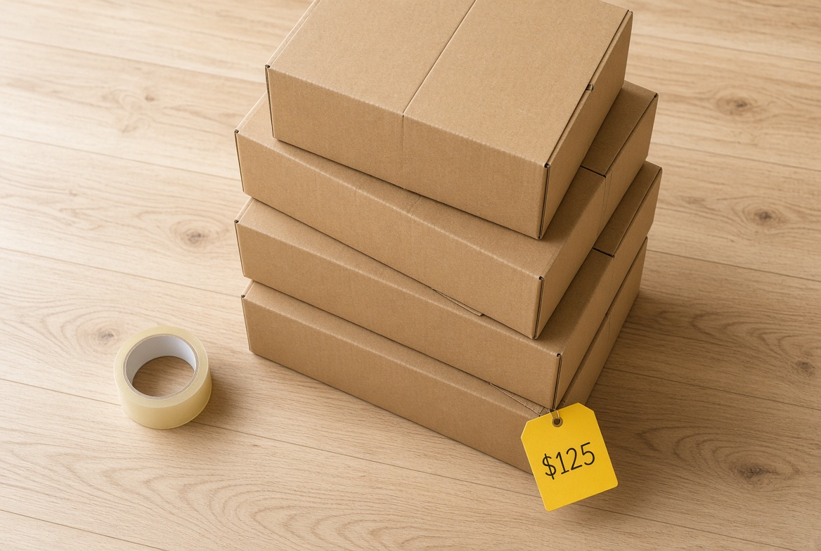 Stacked moving boxes with a $125 price tag
