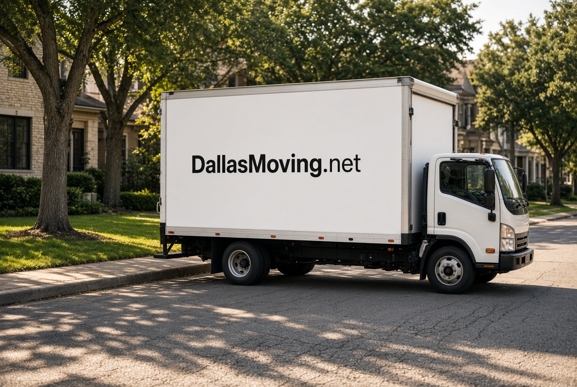 DallasMoving.net box truck parked on a Dallas residential street